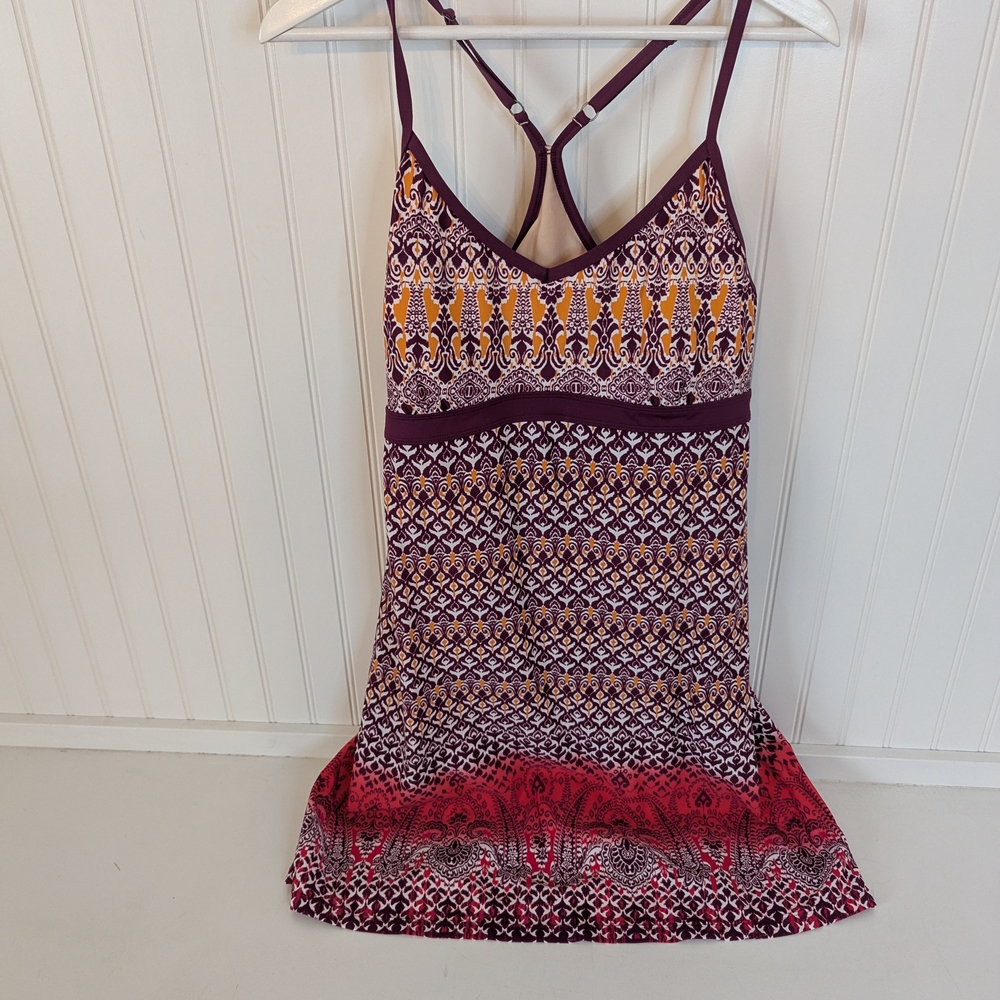Athleta Burgundy Multi Print Strappy Spandex Dress With Built In Bra Perfect ⛱️